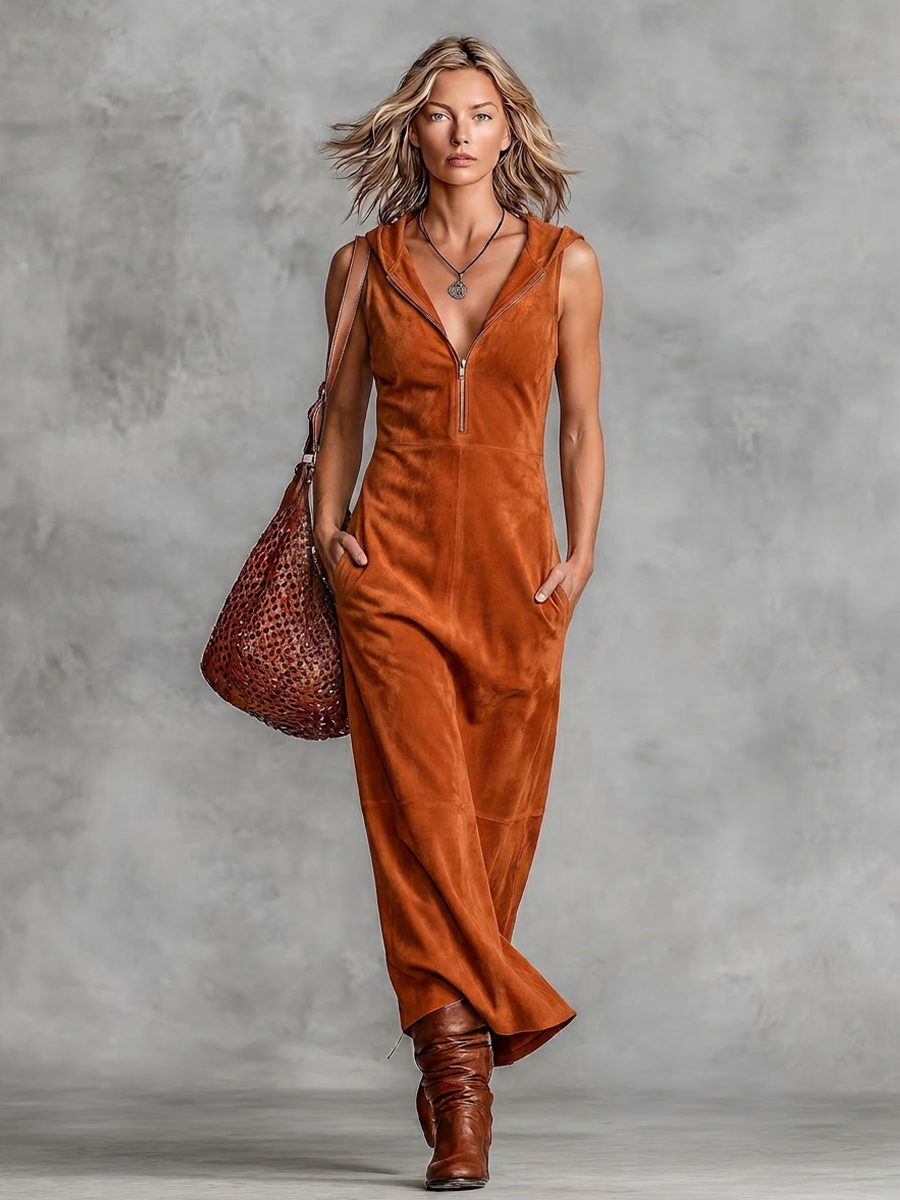 Women's Rust Brown Faux Suede Texture Maxi Gown With V-Neck Zipper Placket & Mid Length Swing Skirt, Retro Chic Daily Slee Veless Maxi Dress