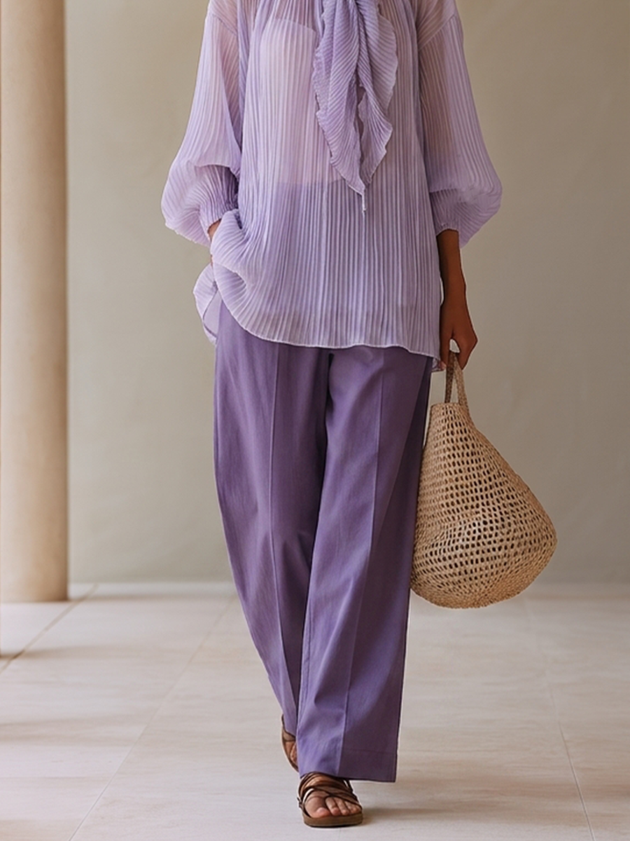 Women's Light Purple Crinkle Chiffon Two-Piece Set With Ruffled Tie Neck Balloon Sleeve Blouse & Solid High Waist Wide Leg Pants, Elegant Resort Matching Outfit