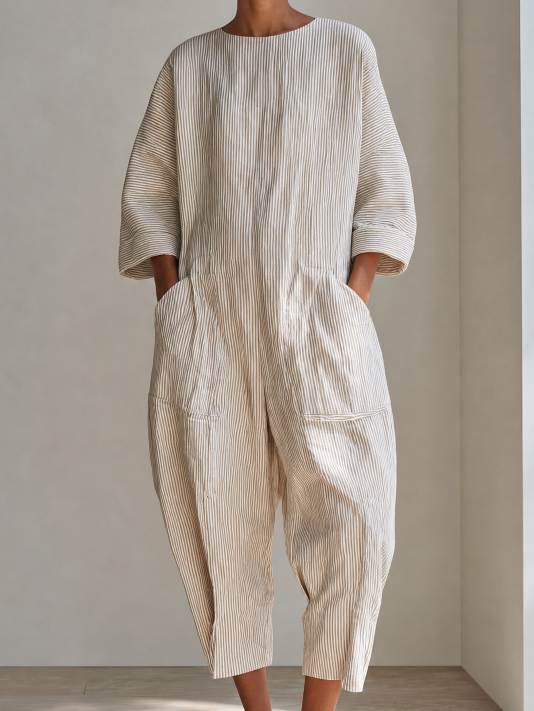 Women's Minimalist Beige Cotton Linen Blend Pinstripe Round Neck Dropped Shoulder Oversized Cropped Jumpsuit