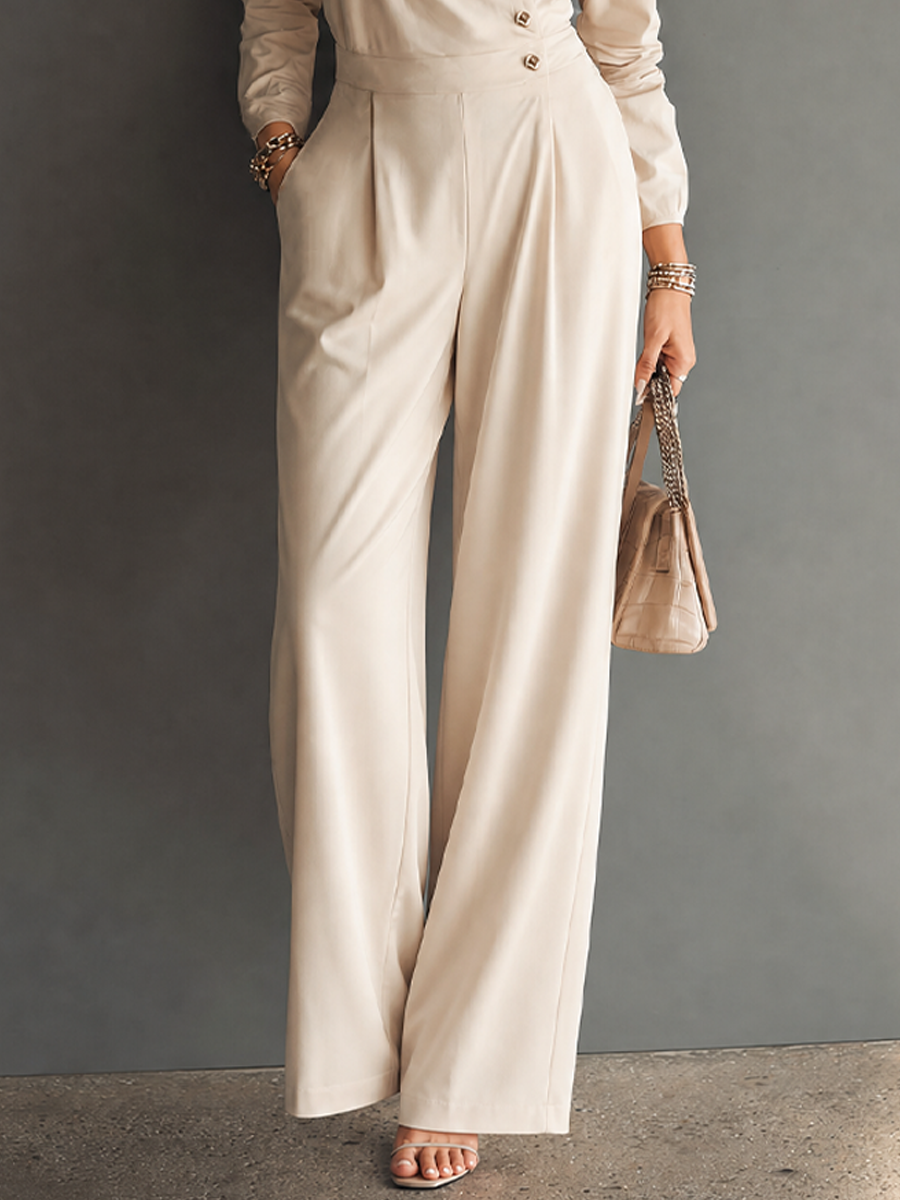 Women's Minimalist Workwear Style Apricot Cotton Blend Lapel Asymmetric Button Long Sleeve High Waist Wide Leg Long Jumpsuit