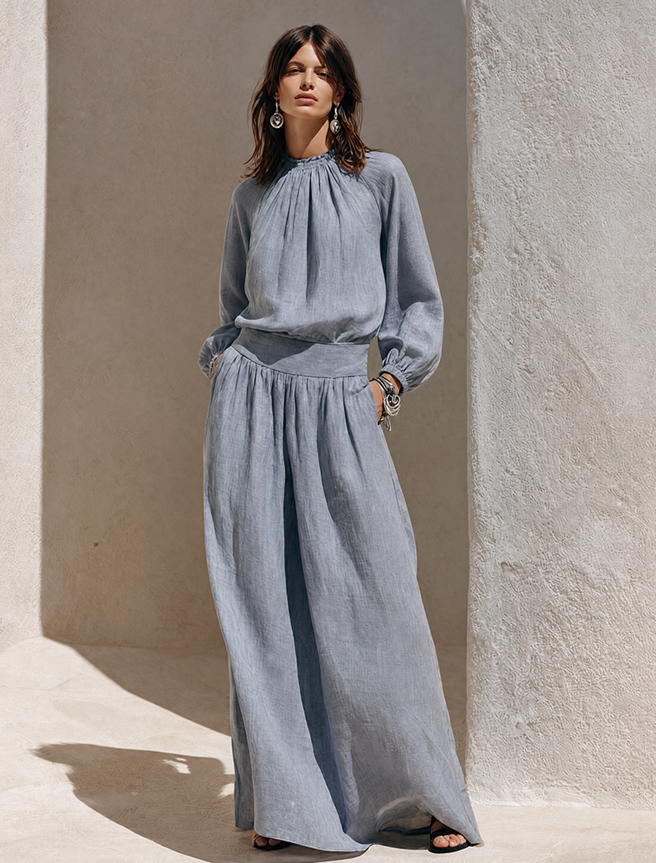 Women's Blue-Grey Solid Cotton-Linen Maxi Dress With Ruffled High Neck