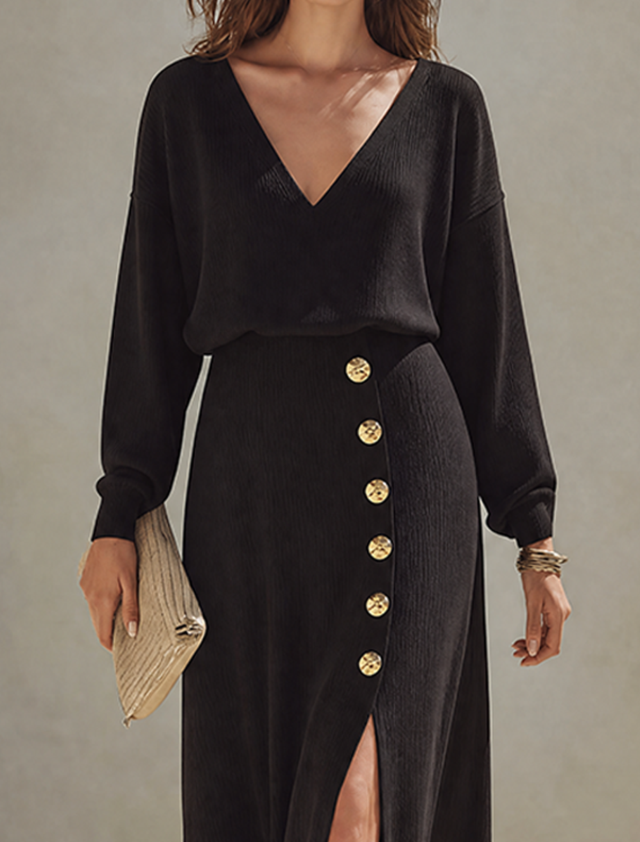 Women's Minimalist Solid Black Knit V-Neck Long-Sleeve Midi Dress