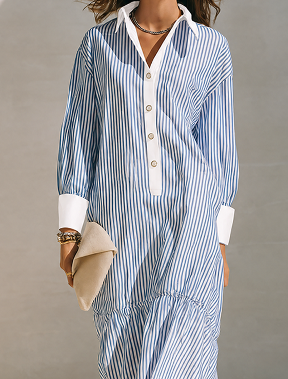 Women's Blue & White Vertical Stripe Cotton-Linen Shirt Dress With Contrast Cuffs