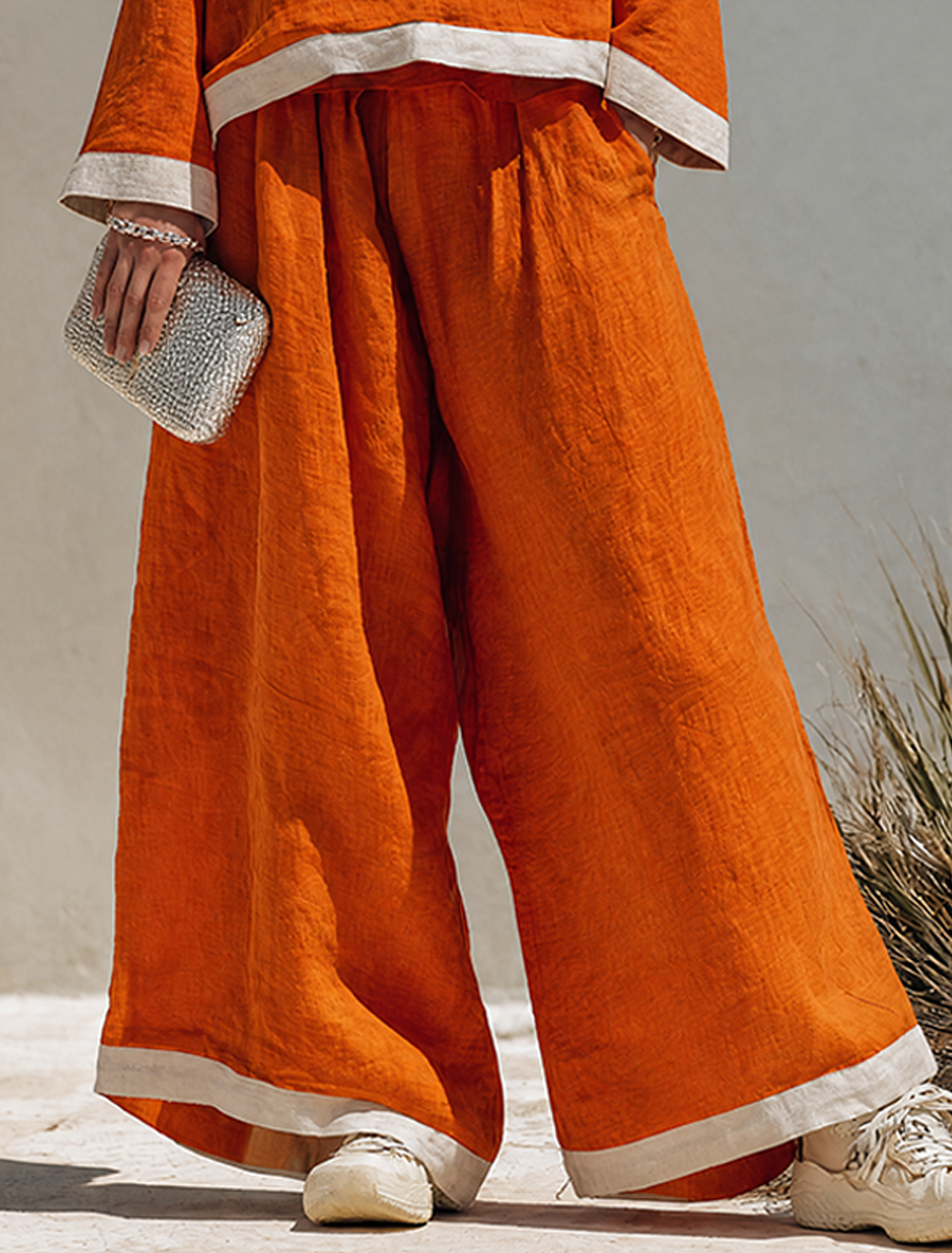 Women's Cotton-Linen Blend Square-Neck Long-Sleeve Top & Wide-Leg Pants Set With Contrast Trim