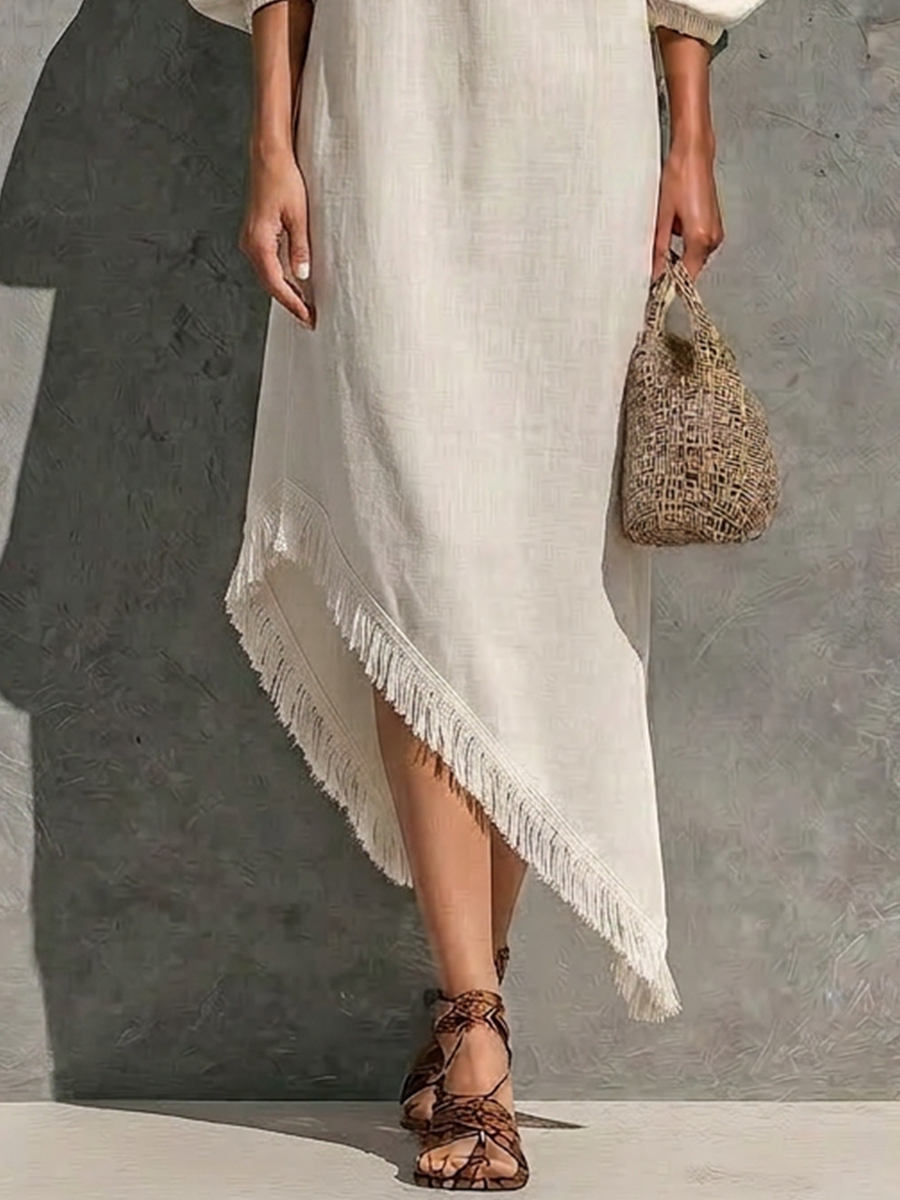 Women’s Off White Cotton-linen Blend Off The Shoulder Elastic Neck Puff Cuffed Sleeve Asymmetrical Fringe Hem Maxi Dress
