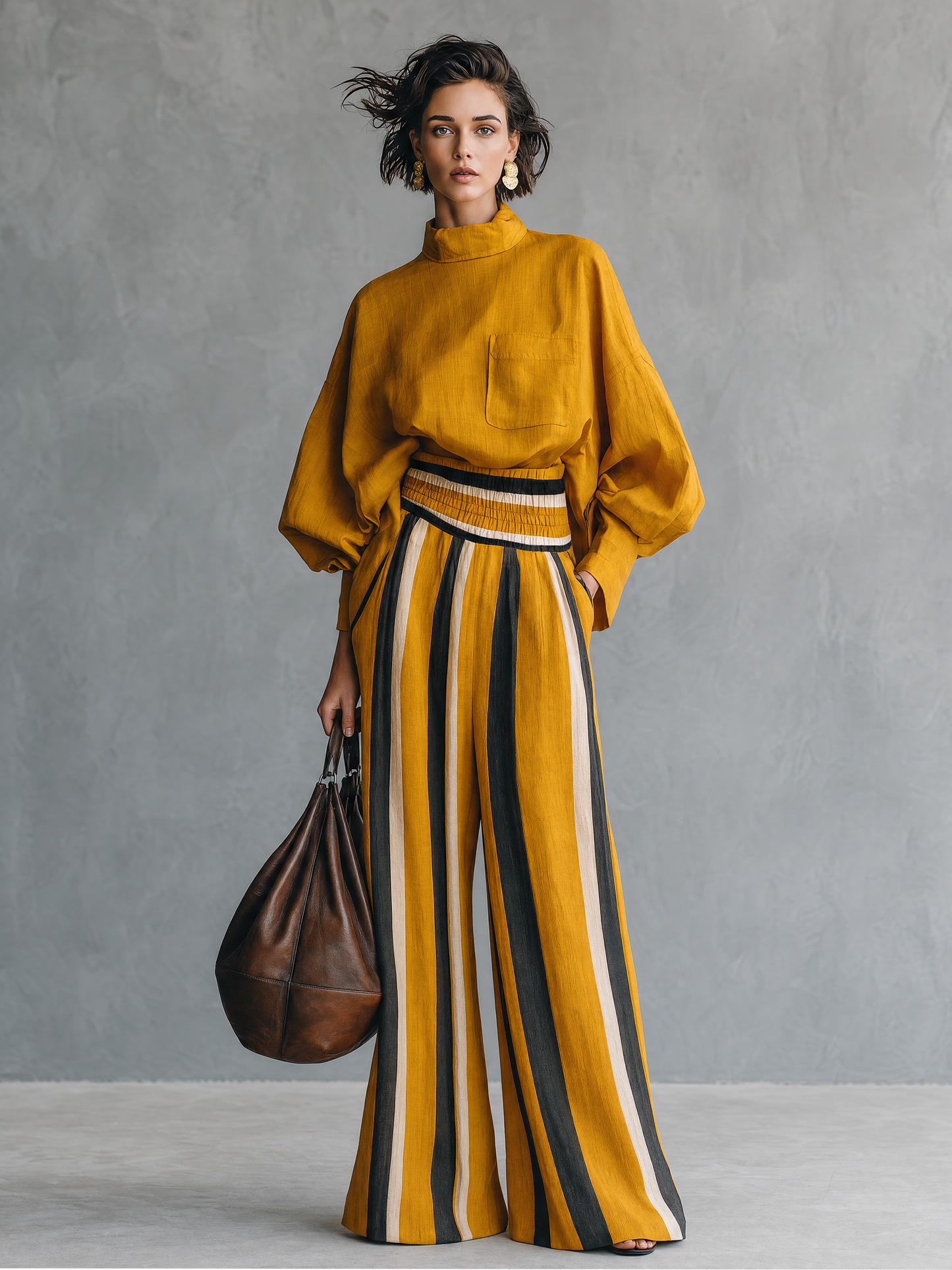 Women's Minimalist Linen-Blend Mock-Neck Lantern-Sleeve Blouse And Striped Print Trouser Set