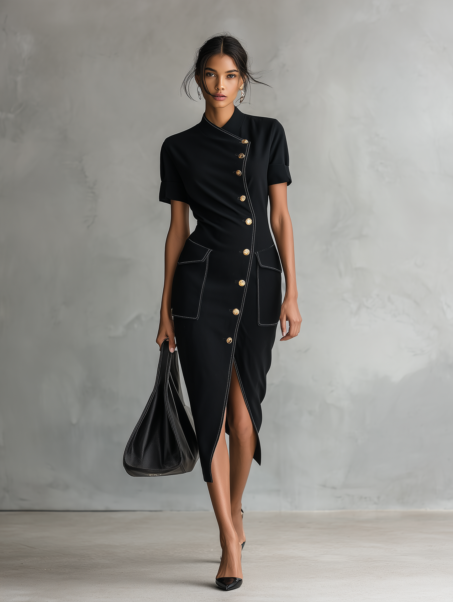 Women's Minimalist Asymmetric Single-Breasted Short-Sleeve Midi Dress