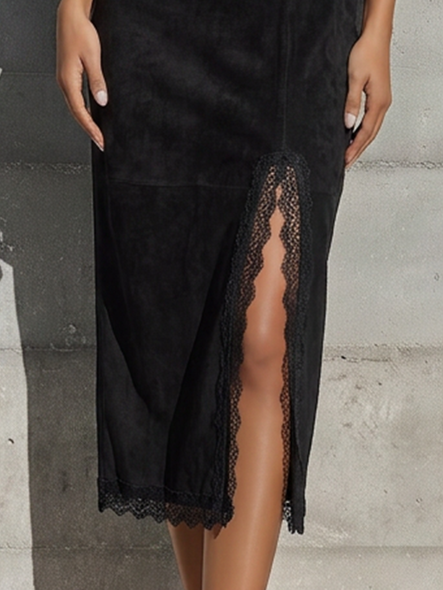 Women’s Black Faux Suede Crew Neck Flare Three Quarter Sleeve Lace Trim Front High Slit Midi Bodycon Dress