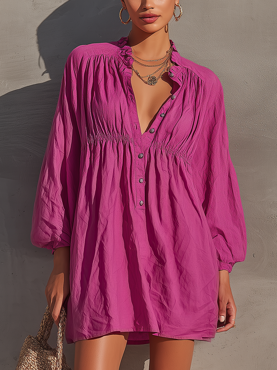 Women’s Fuchsia Cotton-linen Blend Ruffle Collar Half Button Bubble Long Sleeve Gathered Waist Loose Mini Shirt Dress