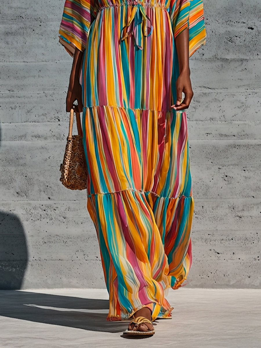 Women’s Rainbow Vertical Stripe Chiffon Stand Collar Half Button Kimono Sleeve Drawstring Waist Tiered Ruffle Maxi Dress