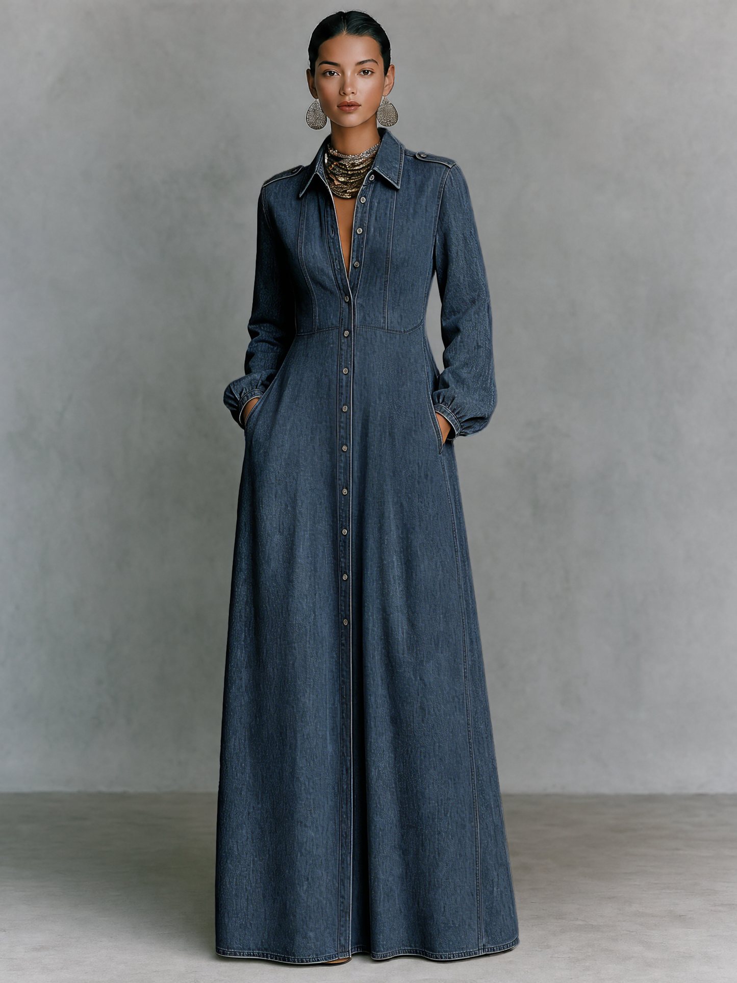Women's Minimalist Long-Sleeve Denim Maxi Dress With Collar And Epaulettes