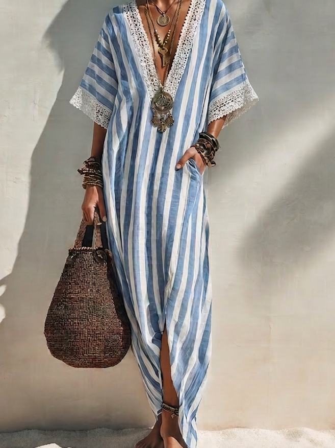 Women's Bohemian Blue And White Striped Cotton Blend V-Neck Crochet Trim Short Sleeve Side Slit Kaftan Maxi Dress