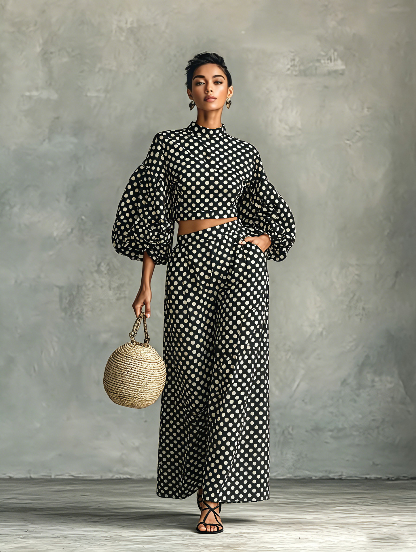 Women's Minimalist Polka-Dot Lantern-Sleeve Blouse And Wide-Leg Pants Set