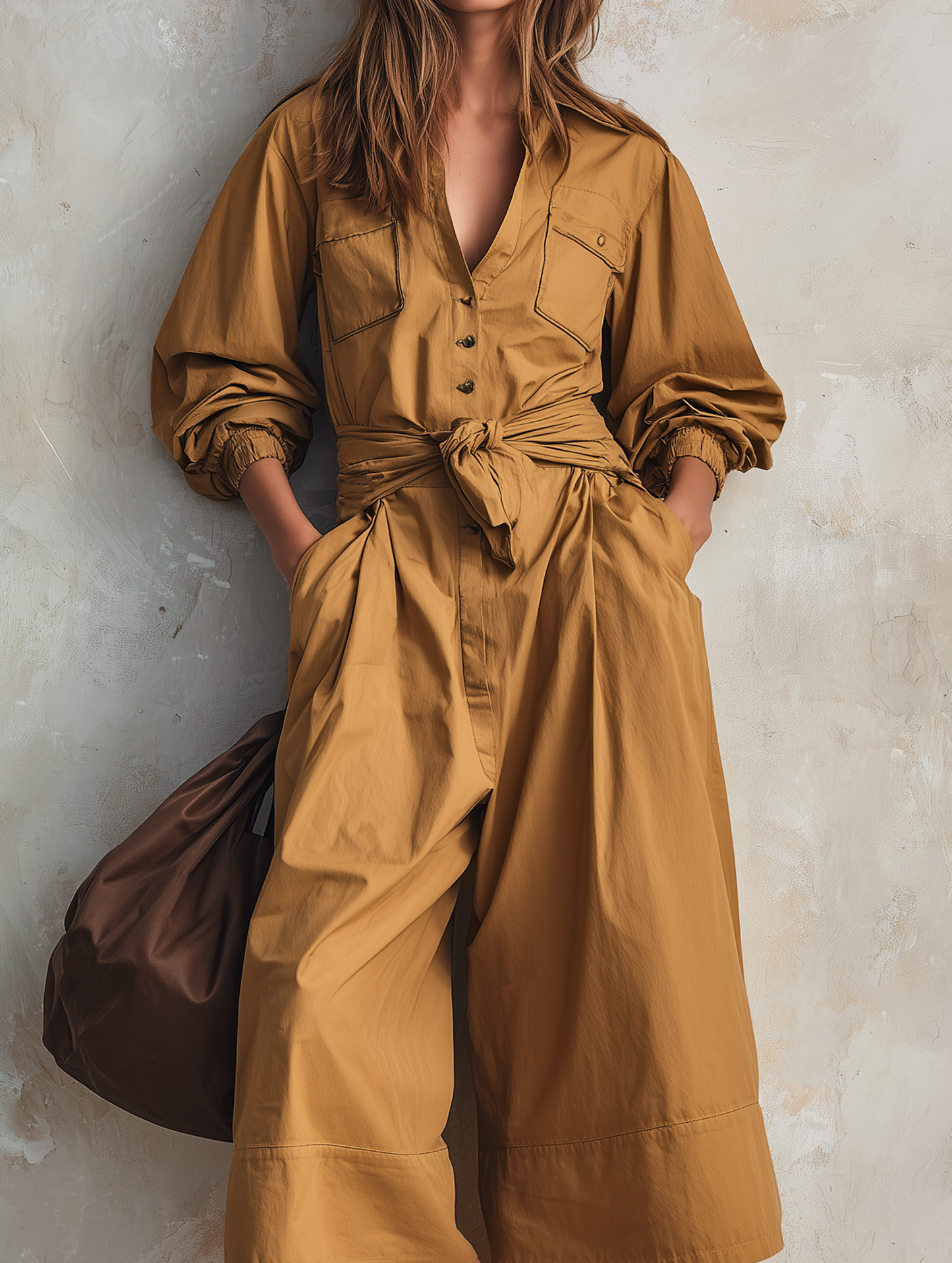 Women's Casual Khaki Woven Long-sleeve Cropped Jumpsuit
