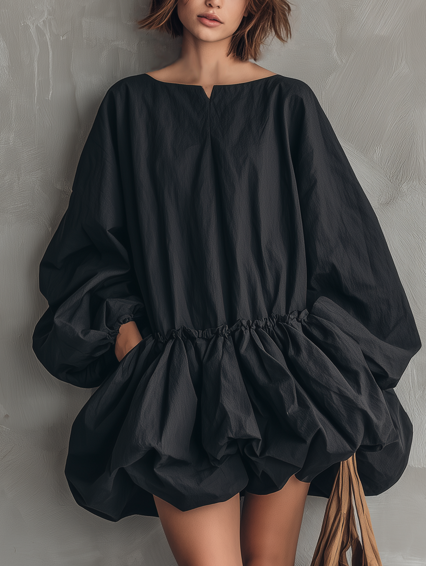 Women's Casual Black Long-sleeve Mini Dress With A Round Neck And Tulip Skirt