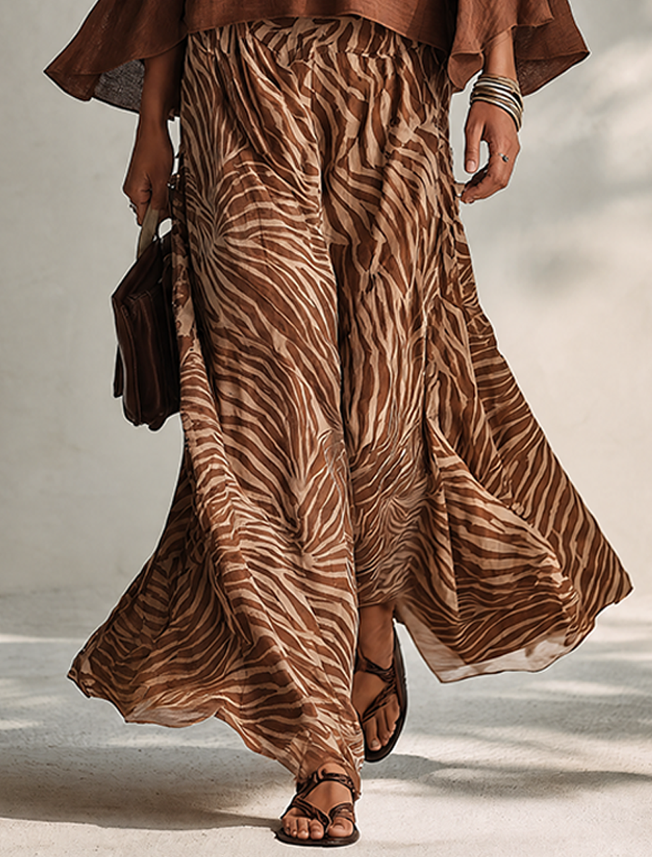 Women's Minimalist Cotton-Linen Blend V-Neck Flared-Sleeve Top & Zebra-Print Skirt Two-Piece Set