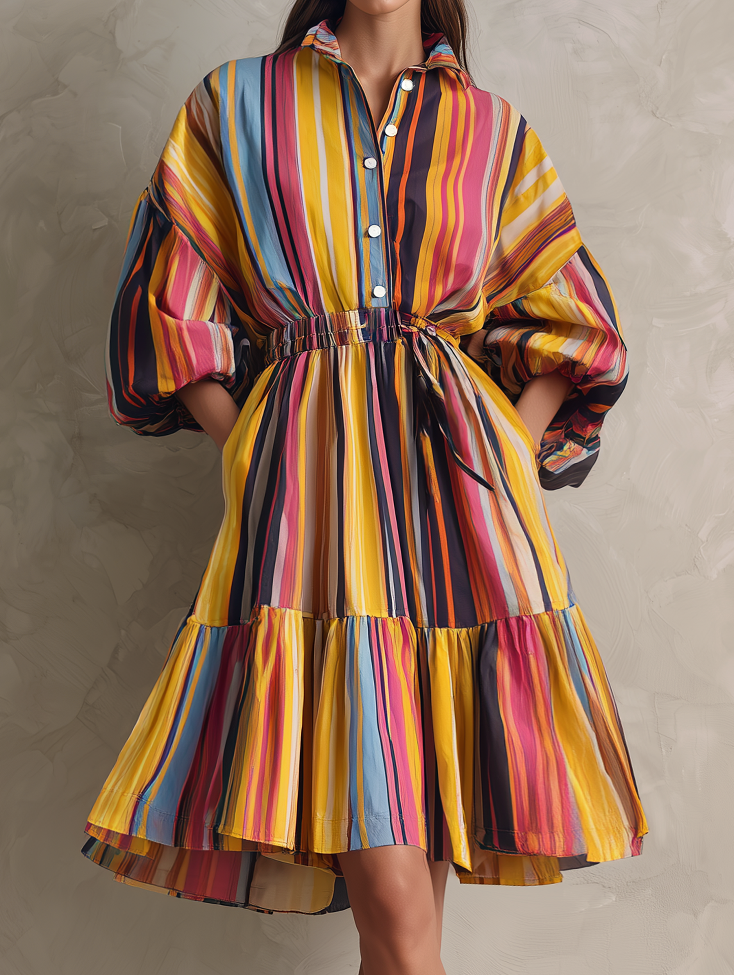 Women's Casual Woven Midi Dress With Colorful Print And 3/4 Sleeves