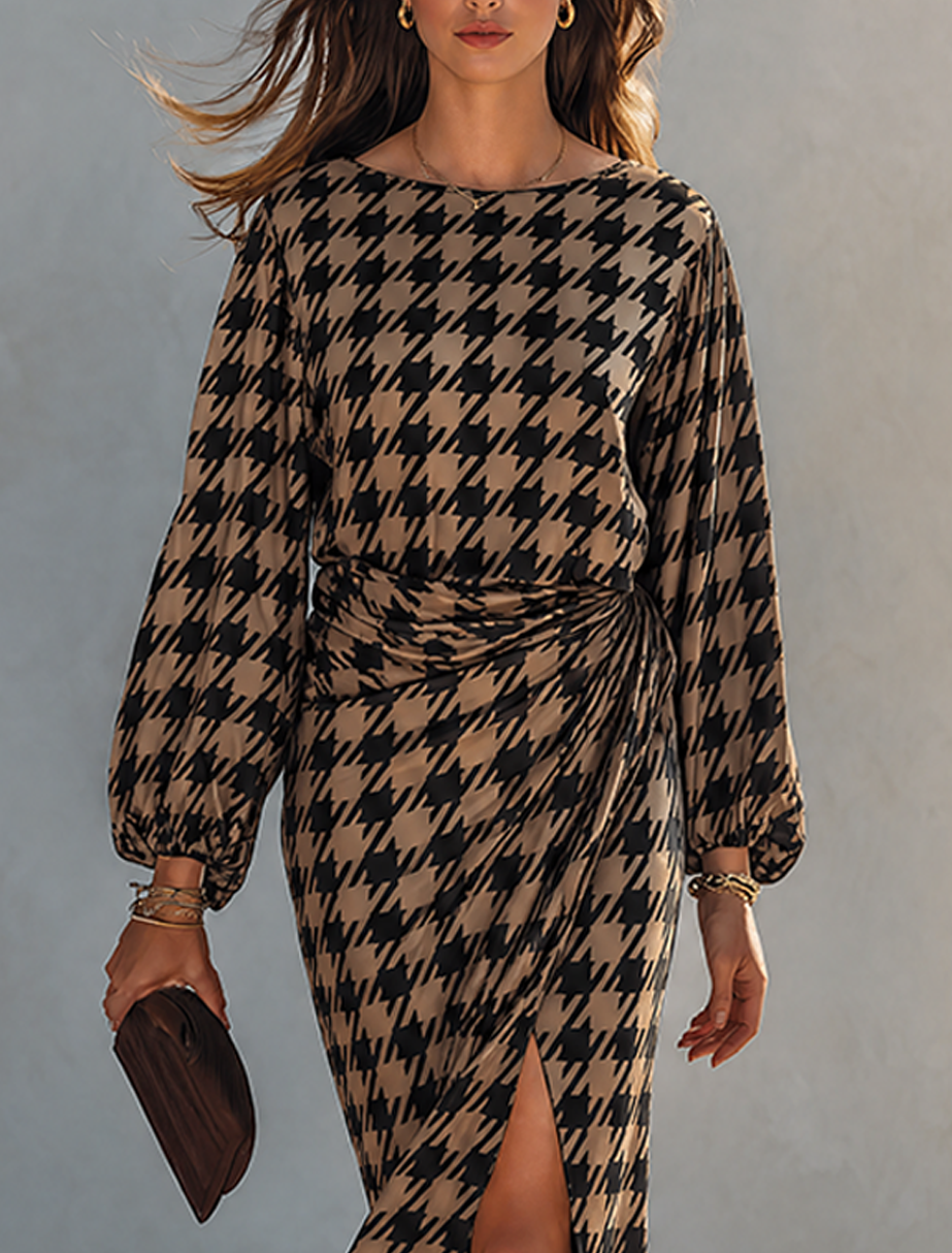 Women's Minimalist Houndstooth Print Long-Sleeve Maxi Dress With Side-Waist Ruching
