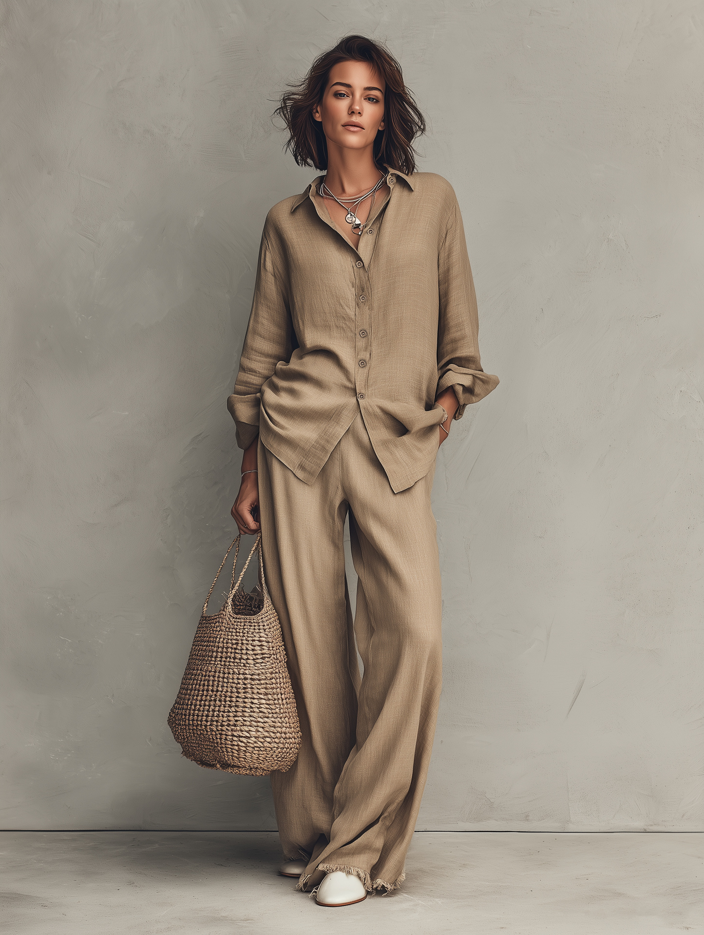 Women's Minimalist Long-Sleeve Shirt And Wide-Leg Pants Set With Raw Hems