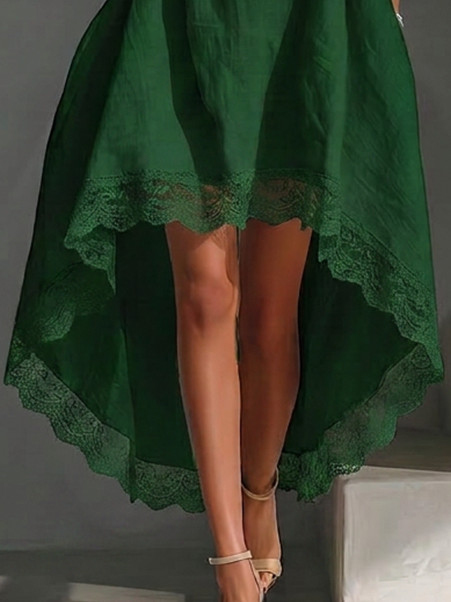 Women's Forest Green Cotton-linen Blend Lace Trim High Low Hem V Neck Three Quarter Sleeve Loose Dress