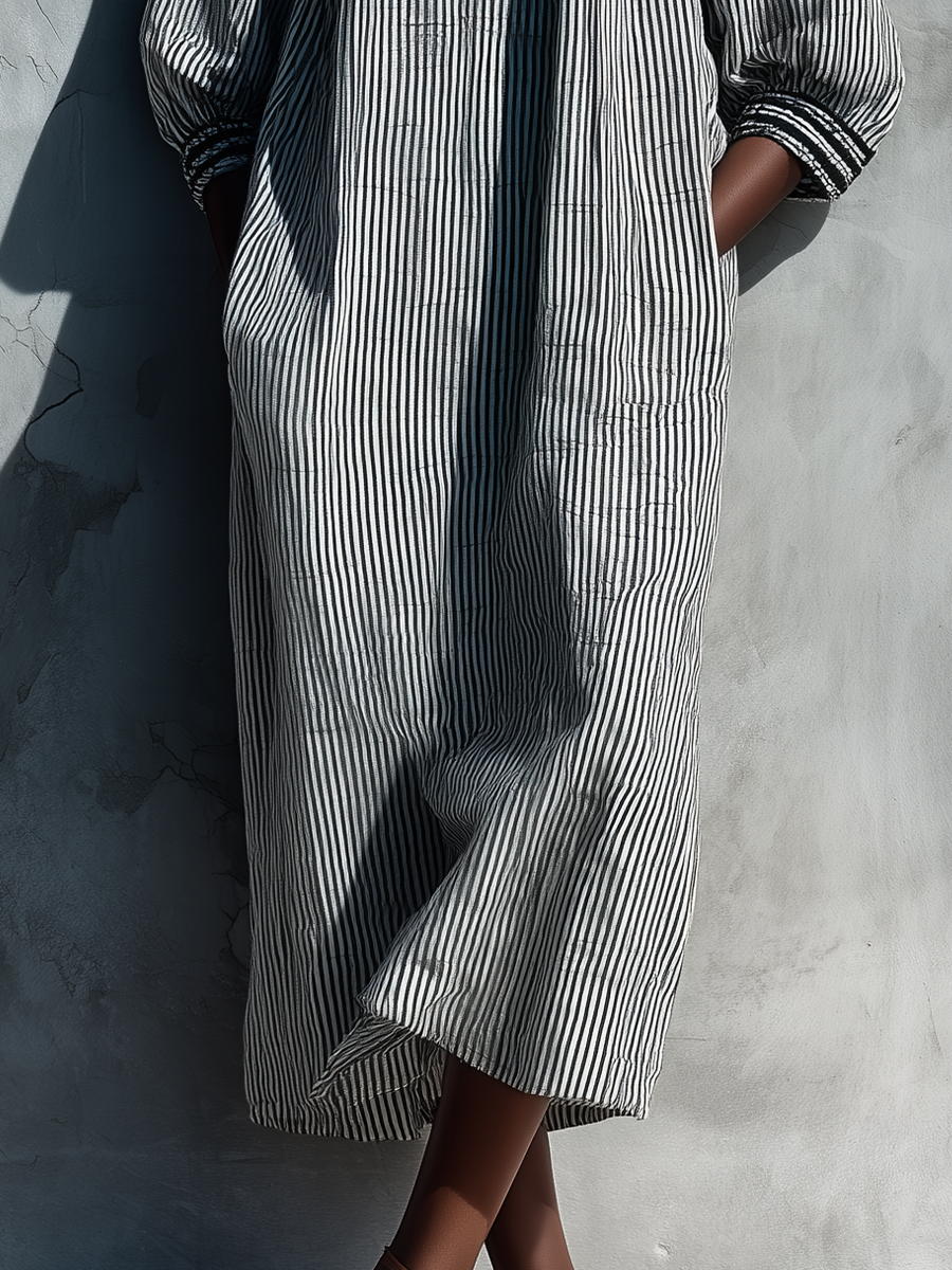 Women's Black White Vertical Stripe Linen Square Neck Puff Sleeve Pocket Loose Midi Dress