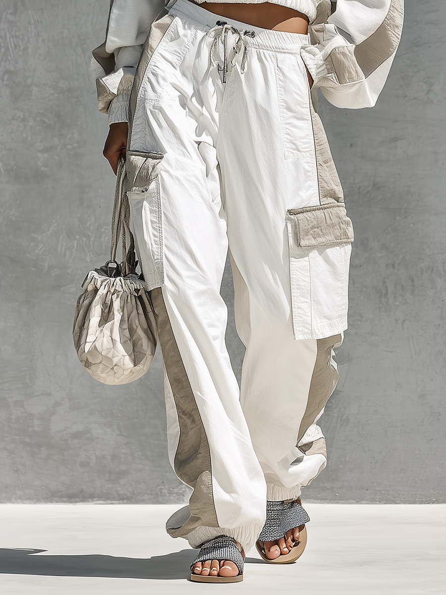 Women's Two Tone Patchwork Asymmetrical Cold Shoulder Hooded Sweatshirt Multi Pocket Cargo Pants Tracksuit Set