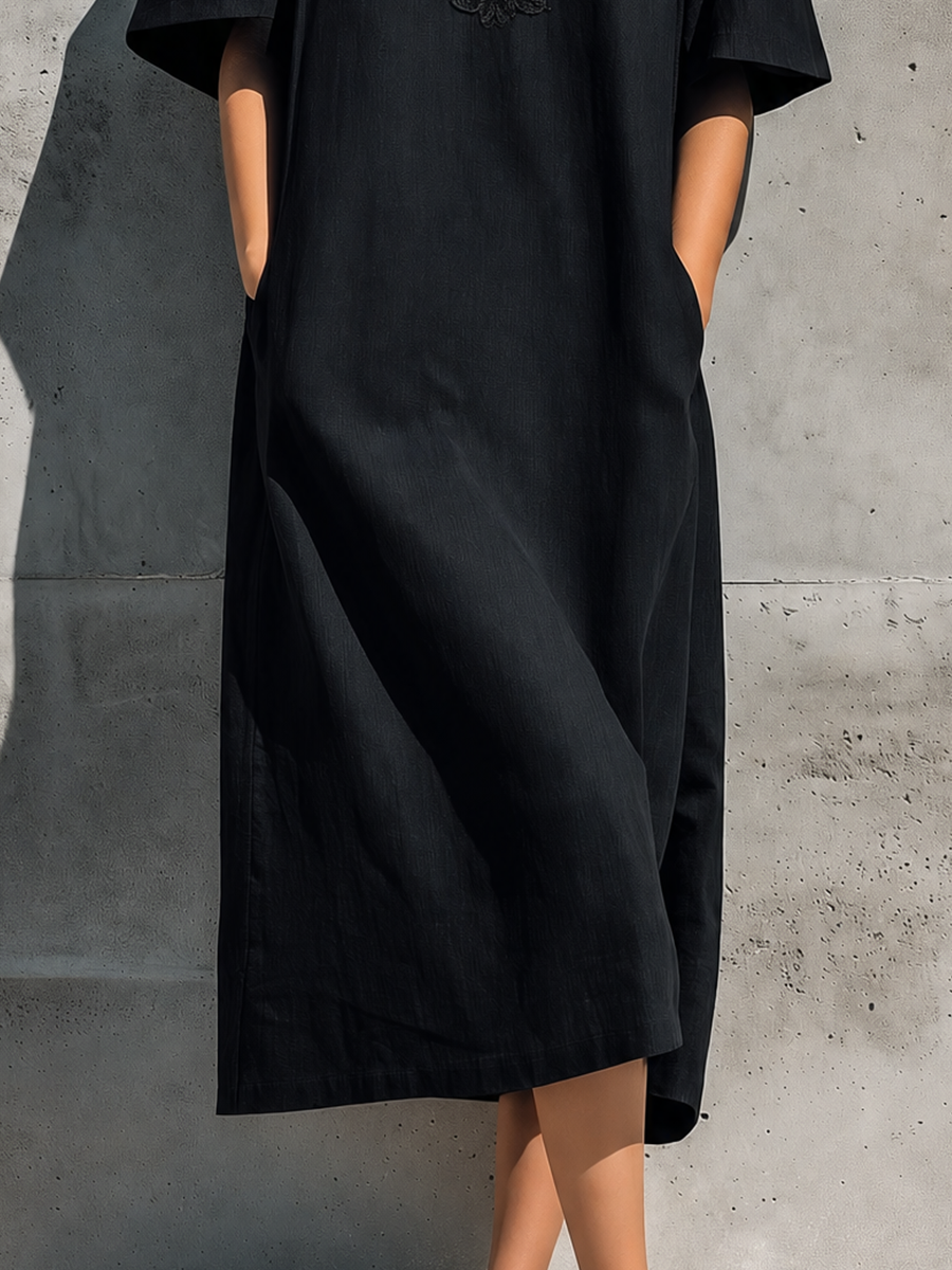 Women's Black Linen High Neck Floral Lace Embroidery Short Sleeve Pocket Loose Midi Dress