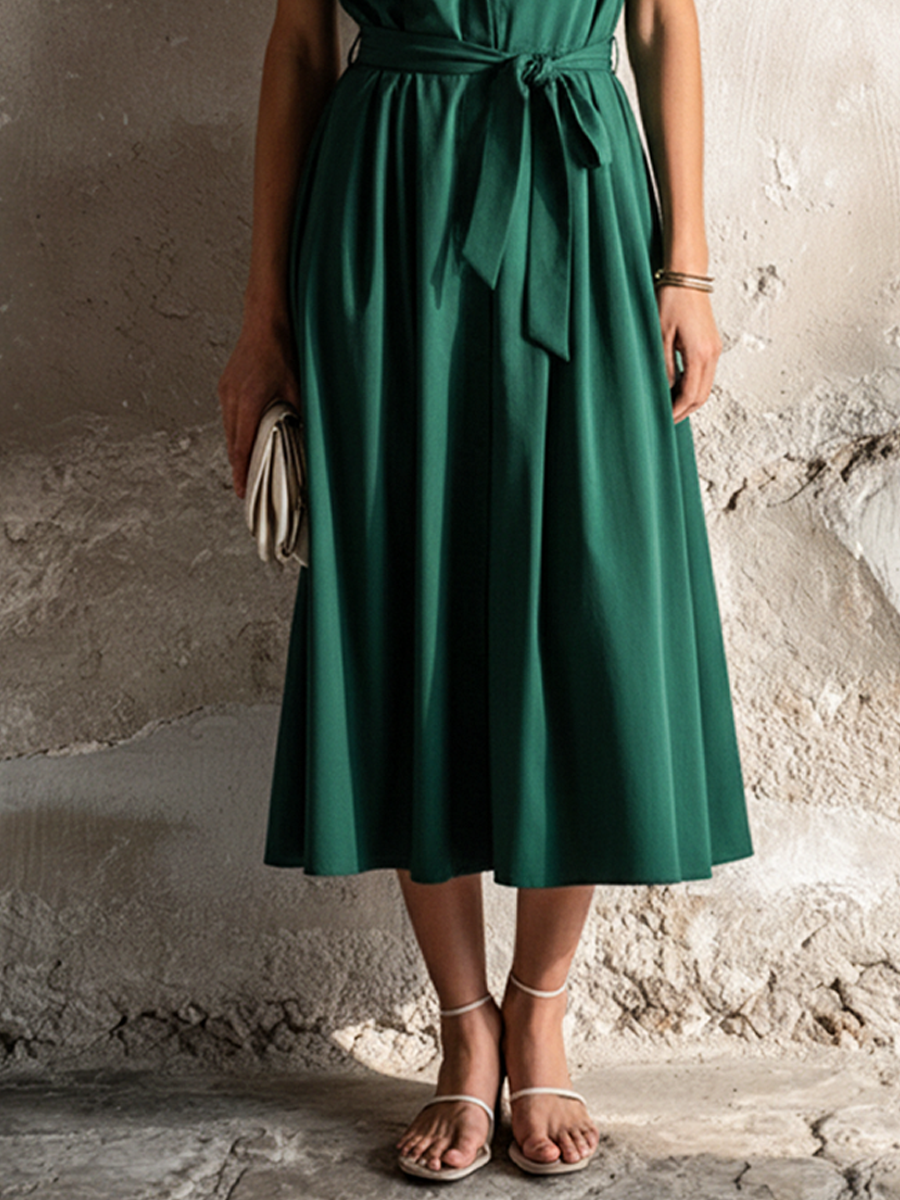 Women's Retro Office Style Dark Green Cotton Blend Lapel Sleeveless Waist Tie Fake Two-Piece Midi Dress