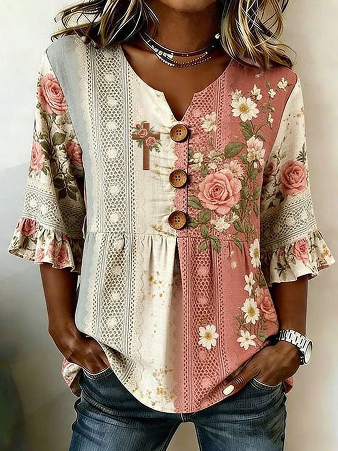 Women'S Retro Faith Floral Printed Cotton And Hemp Casual Top