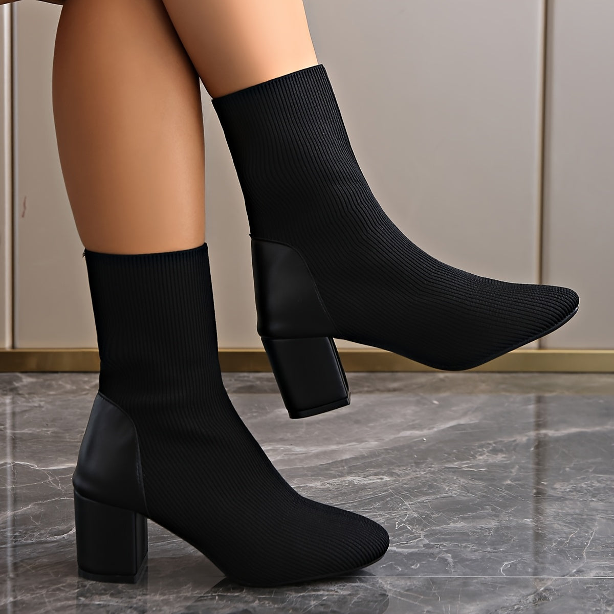 Women’s Elegant Knit Ankle Boots with Block Heel