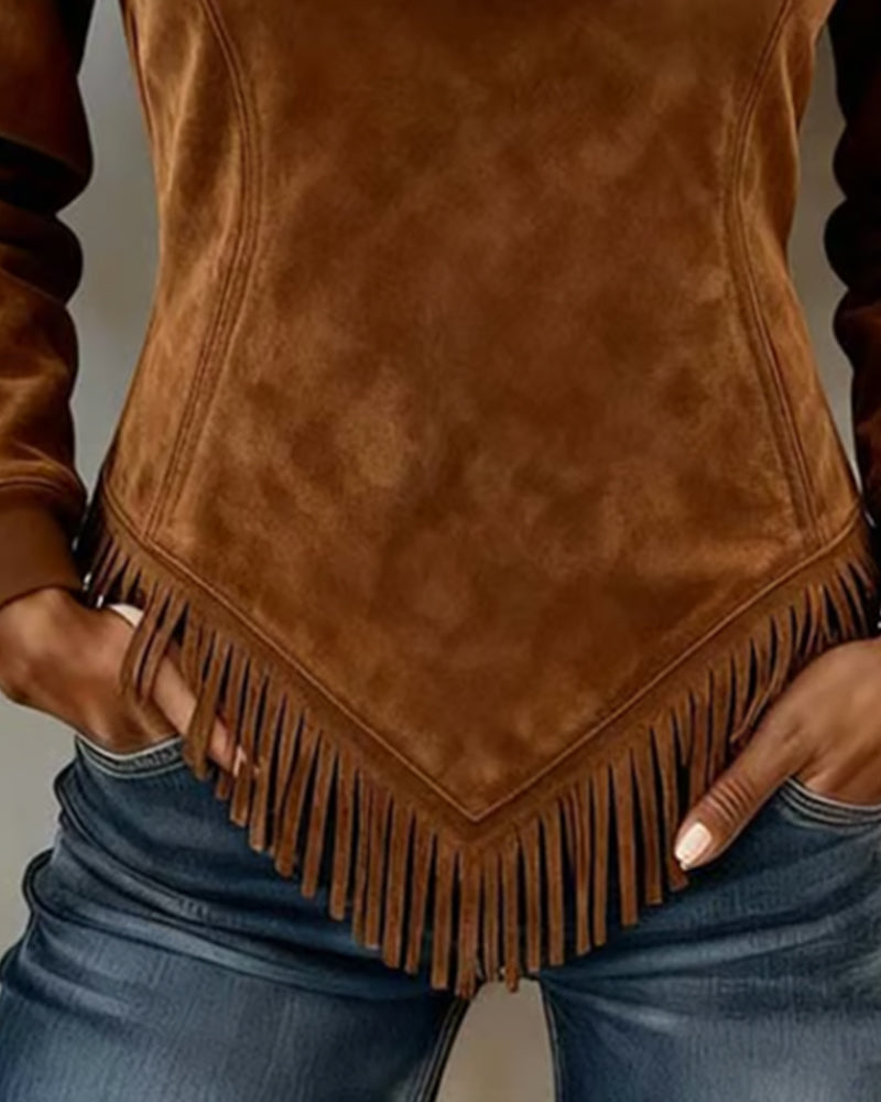 Sudadera con cuello de media cremallera, diseño asimétrico y detalle de flecos