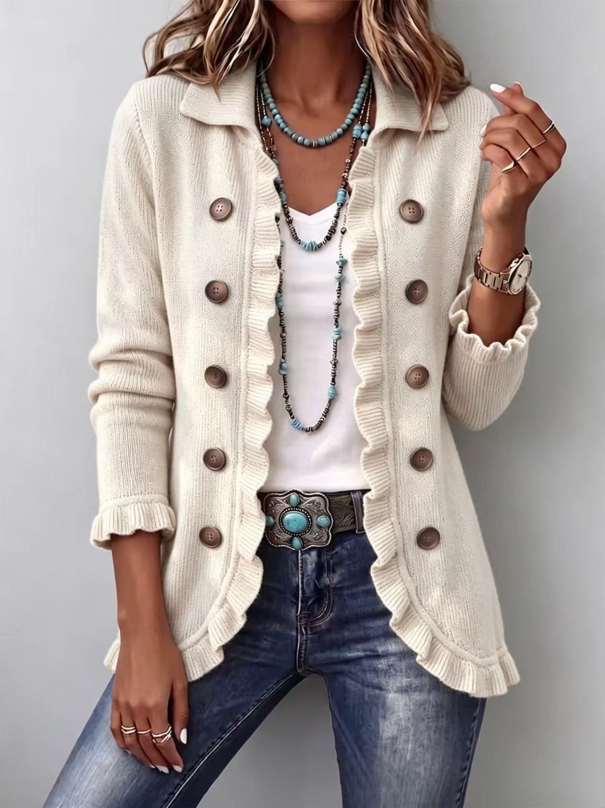 Adelina | Ivory Knit Ruffle Jacket