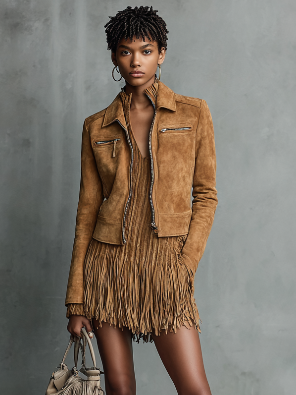 Women's Fashion Cropped Suede Lapel Zipper Jacket