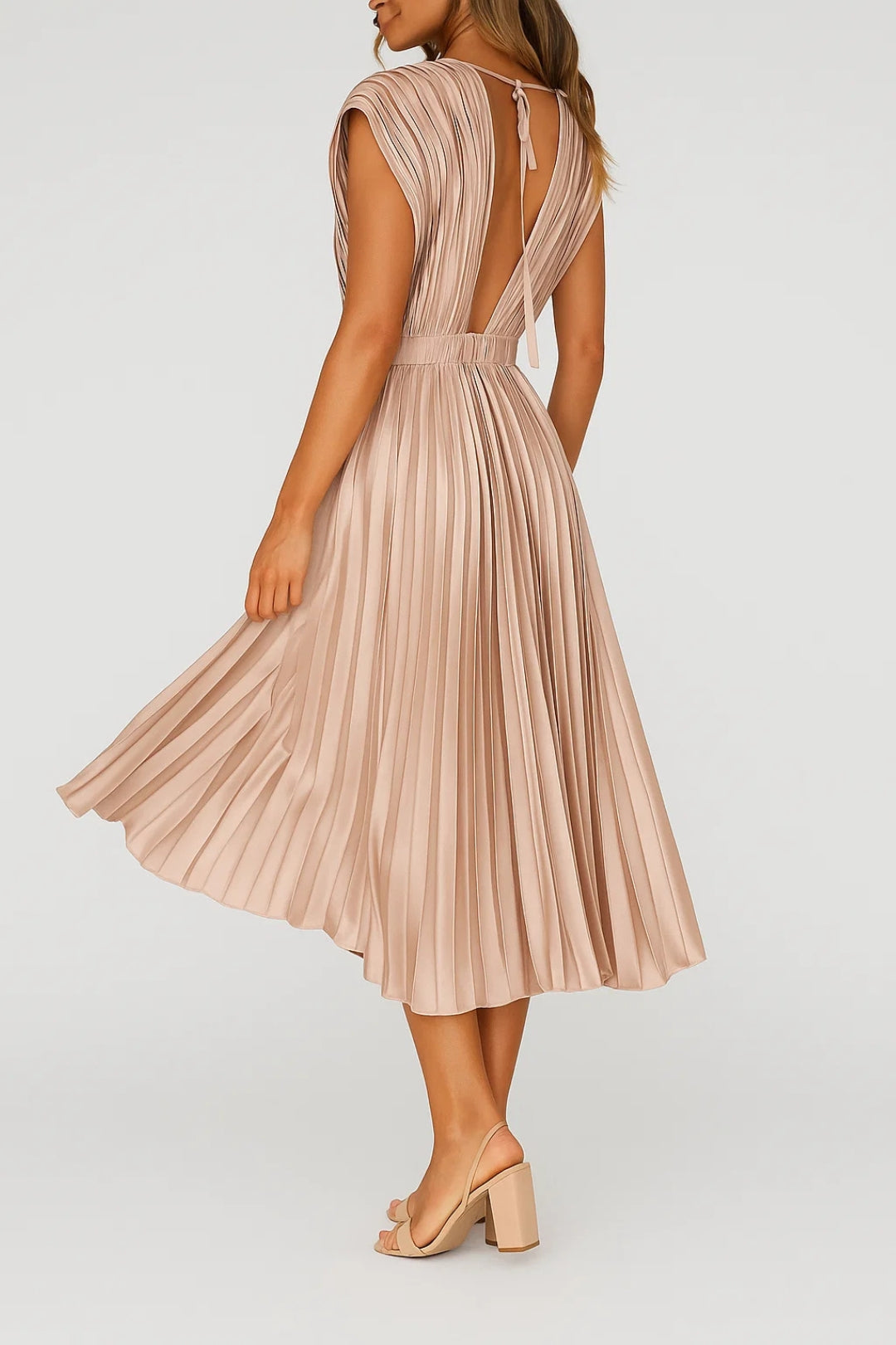 Pleated V-Neck Midi Dress