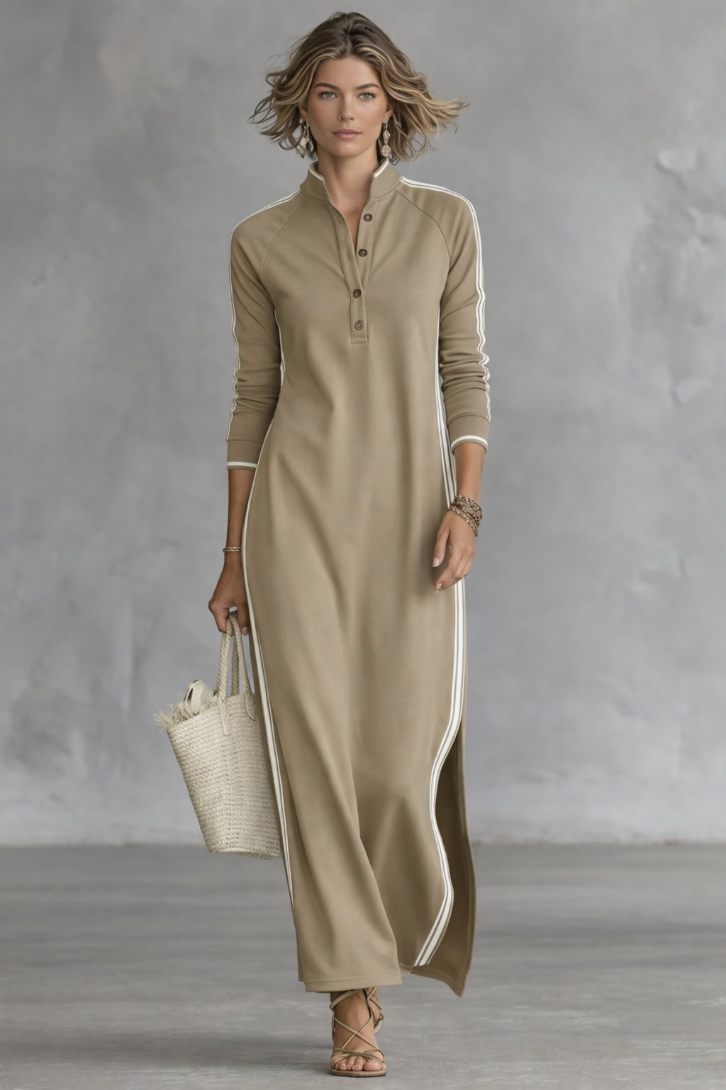 Maxi Dress Women's Sweatshirt with Button-Down Collar and White Trim