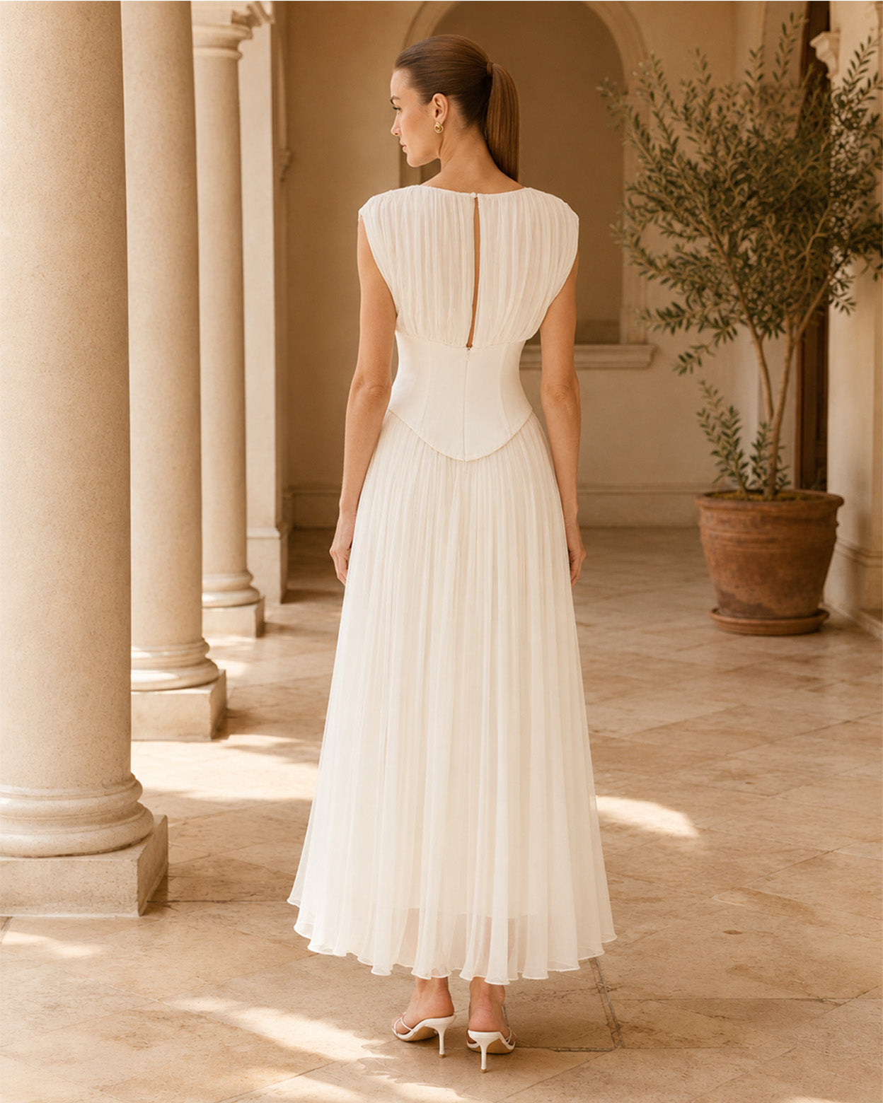 Evelina | Elegant Ivory Chiffon Midi Dress