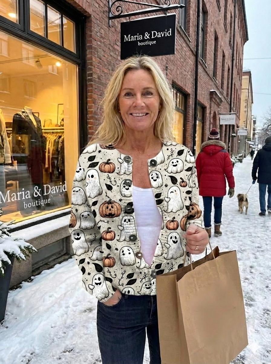 Funny Ghost Halloween Art Print Buttoned Cardigan Sweater