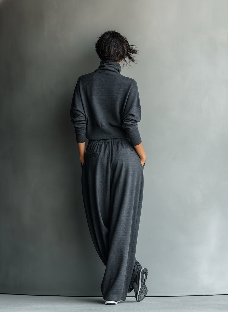 Women's Charcoal Knit Fabric Turtleneck Oversized Top & Wide-Leg Pants Set