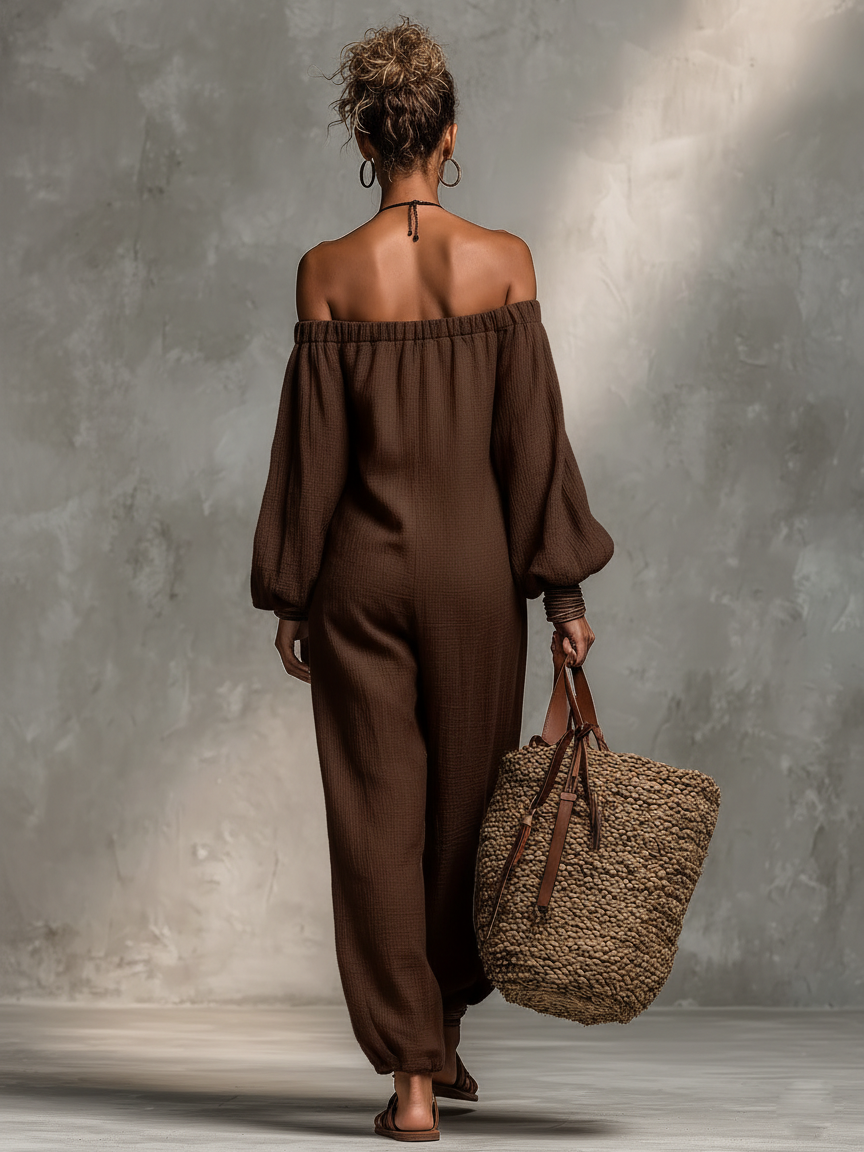 Women's Minimalist Linen Blend Strapless Long-sleeved Jumpsuit