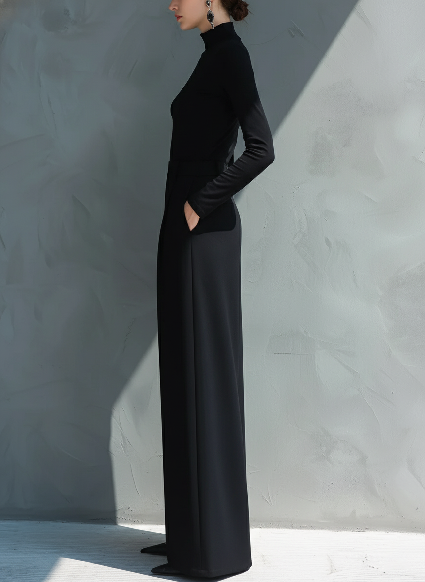 Women's Black Classic Knit Turtleneck Wide - Leg Jumpsuit