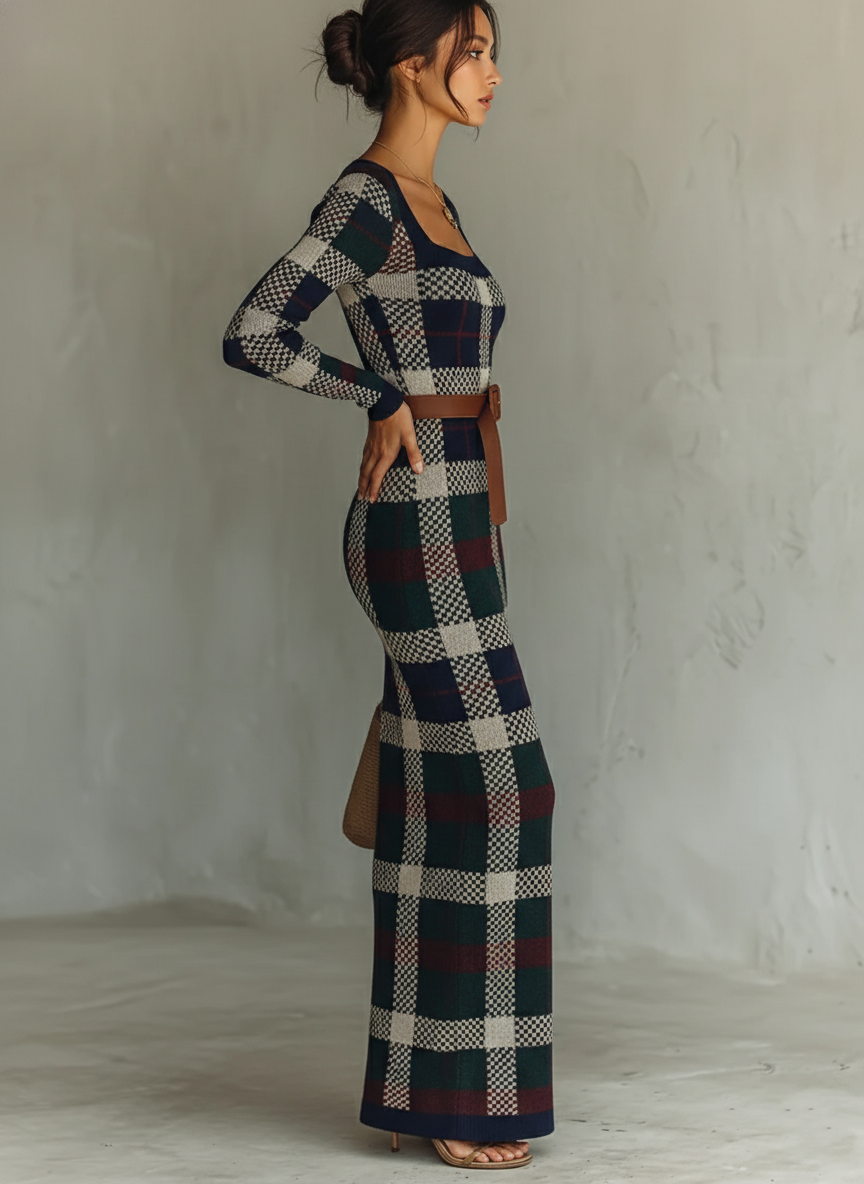 Women's Minimalist Check Knit Belted Square Neck Maxi Dress
