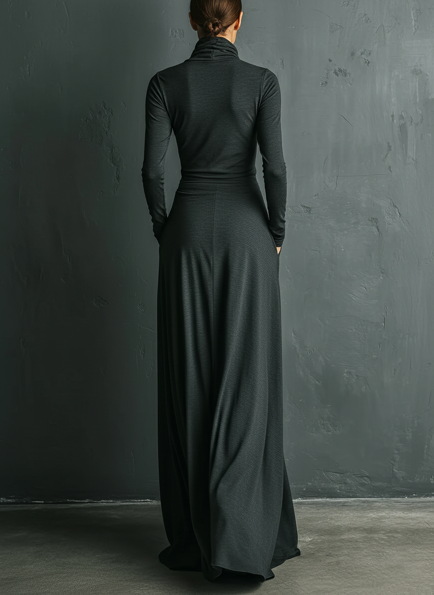 Women's Charcoal Elegant Stretch Polyester-Cotton Blend Turtleneck Draped Maxi Dress