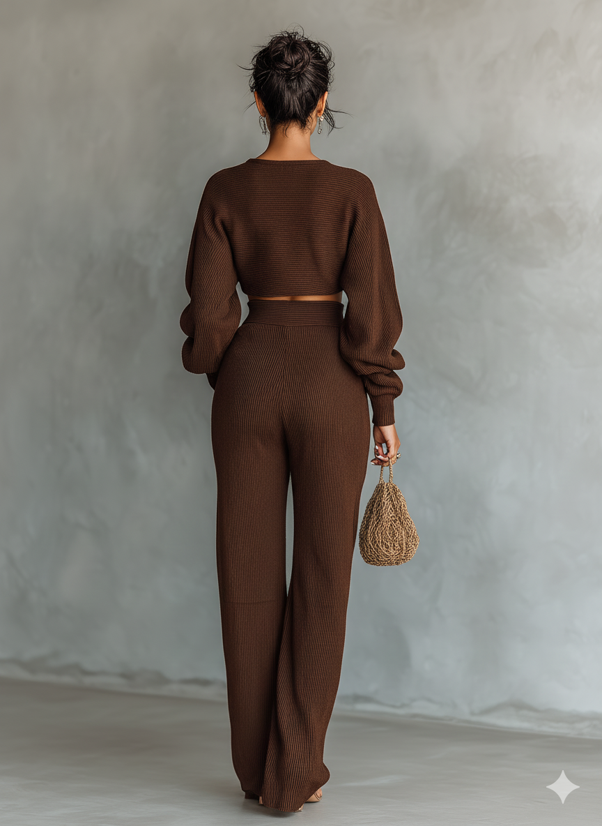 Women's Coffee-colored Short Top And Wide-leg Pants Knitted Set