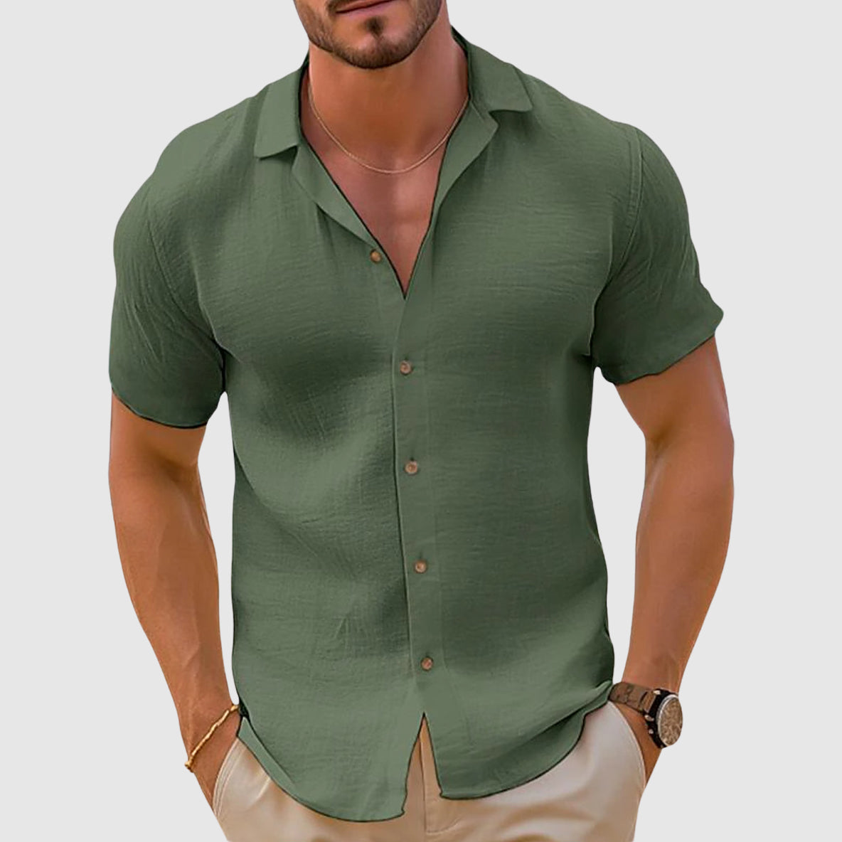 Men’s Spring Linen Short-Sleeve Button Shirt