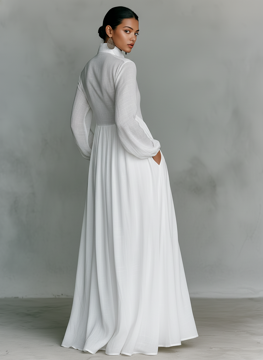 Minimalist Maxi Dress with Patchwork, High Collar and Long Sleeves