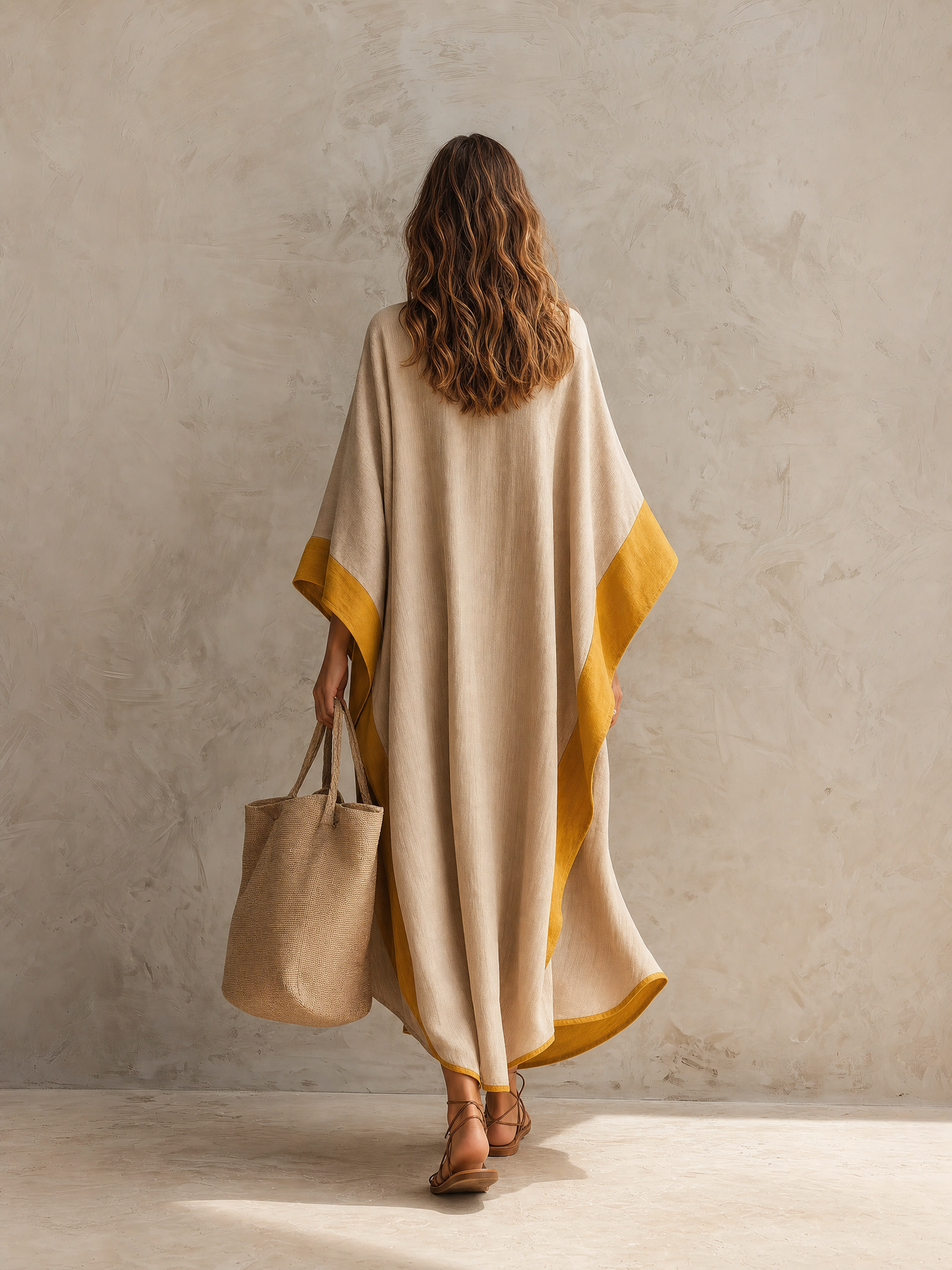 Women's Casual Khaki Cotton-linen Maxi Dress With A Round Neck And Batwing Sleeves