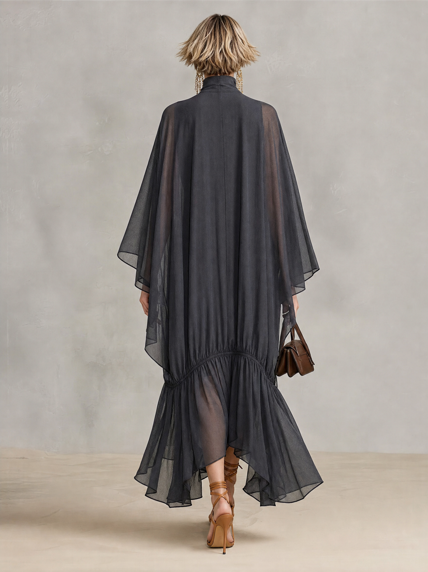Women's Dark Gray Sheer Chiffon Maxi Dress With Turtleneck Cape Batwing Sleeves & Ruched Ruffle Hem, Minimalist Elegant Oversized Flowy Maxi Dress