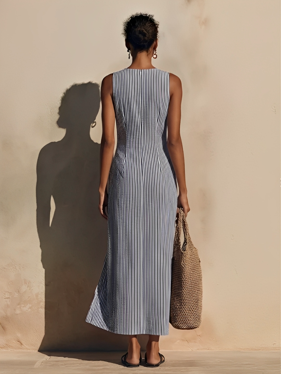 Women's Blue-White Striped Cotton-Blend Maxi Dress With Blazer Style & Double-Breasted, Timeless Nautical Casual Dress