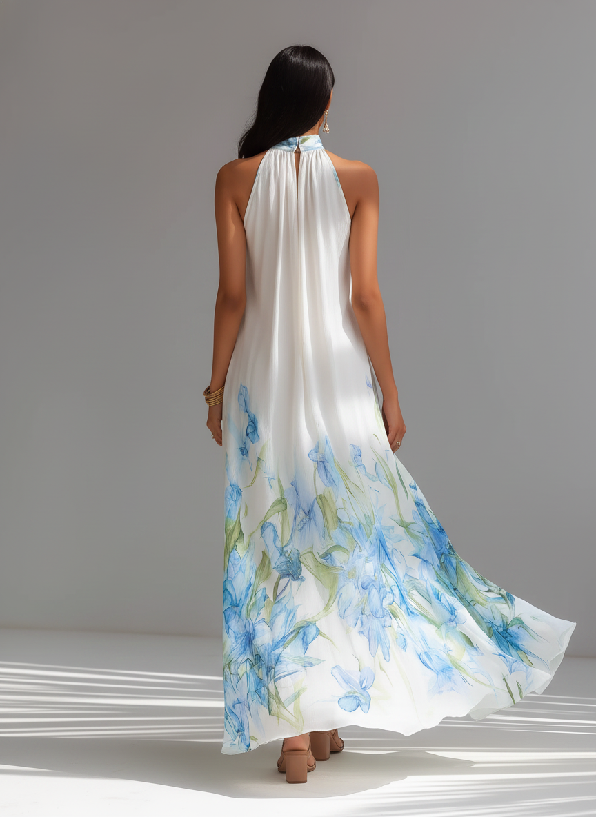 Women's Elegant White Printed Chiffon Halter-Neck Sleeveless Maxi Dress