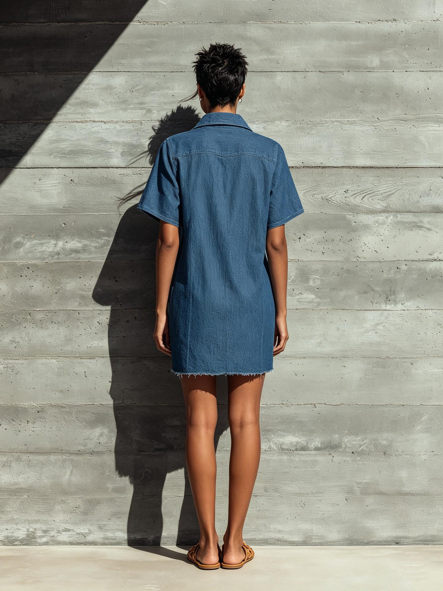 Women’s Vintage Blue Denim Collar Half Button Down Pocket Loose Frayed Hem Mini Shirt Dress